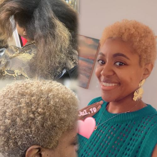 Before and after: natural hair colored honey blonde