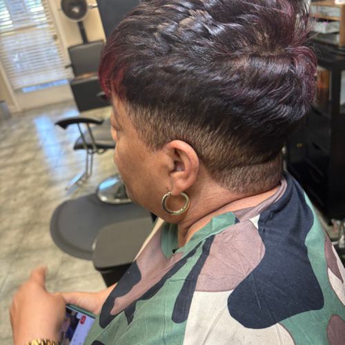 Tapered pixie with burgundy color, Westbury Houston hair salon